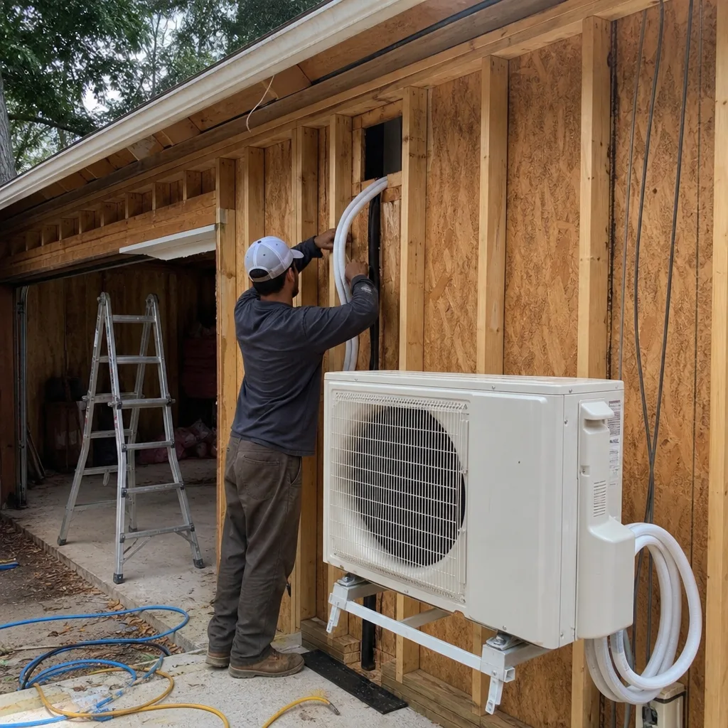 Contractor installing mini-split HVAC unit during a garage conversion project