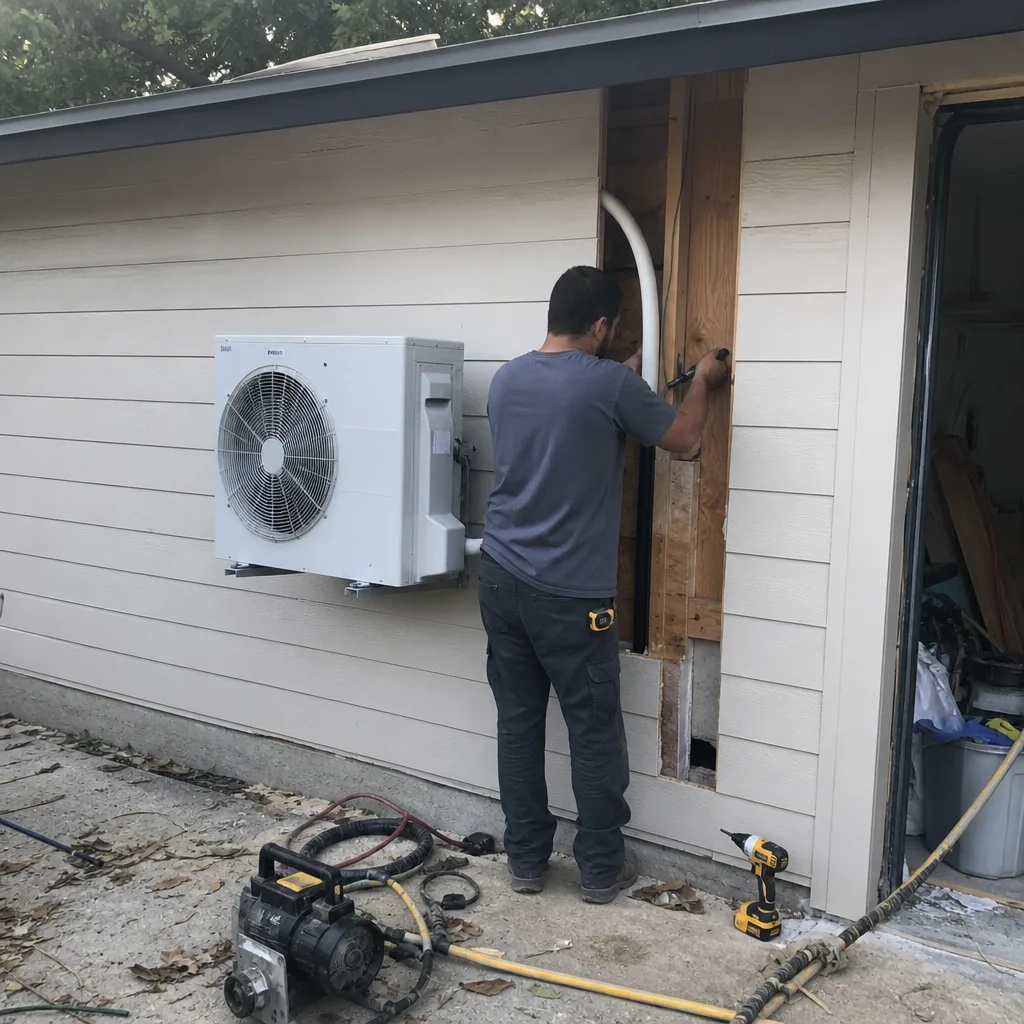 Contractor installing HVAC system on the exterior of a garage conversion project