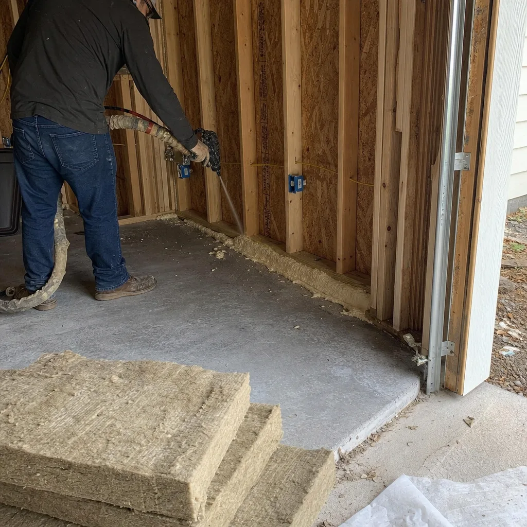 Contractor applying spray foam insulation for professional garage conversion project