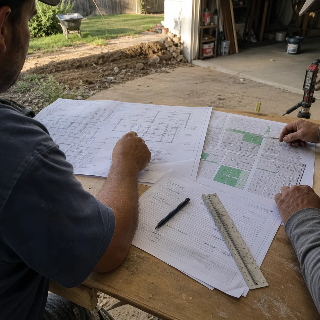 Contractors reviewing architectural floor plans for a residential room addition project