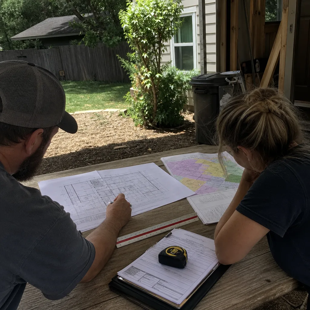 Contractor and client reviewing ADU construction plans outdoors