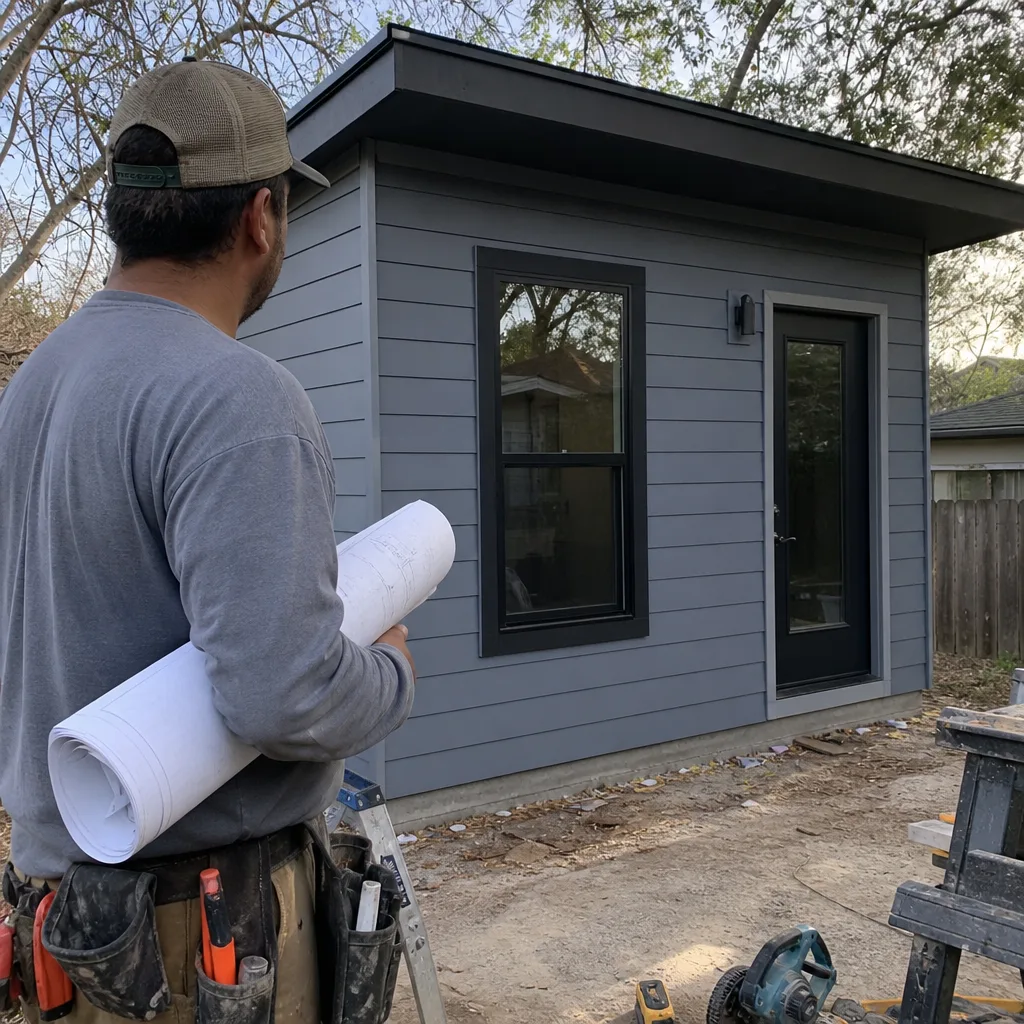 Contractor holding blueprints in front of a modern gray accessory dwelling unit