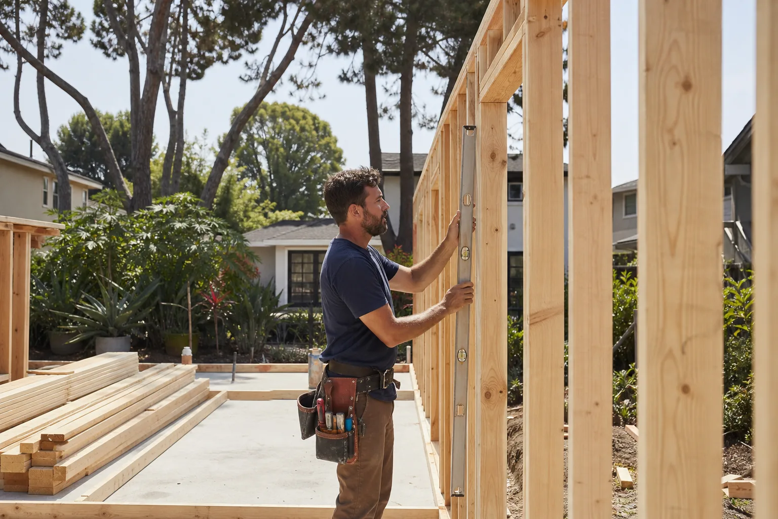 A framer checking new wall framing on a home addition