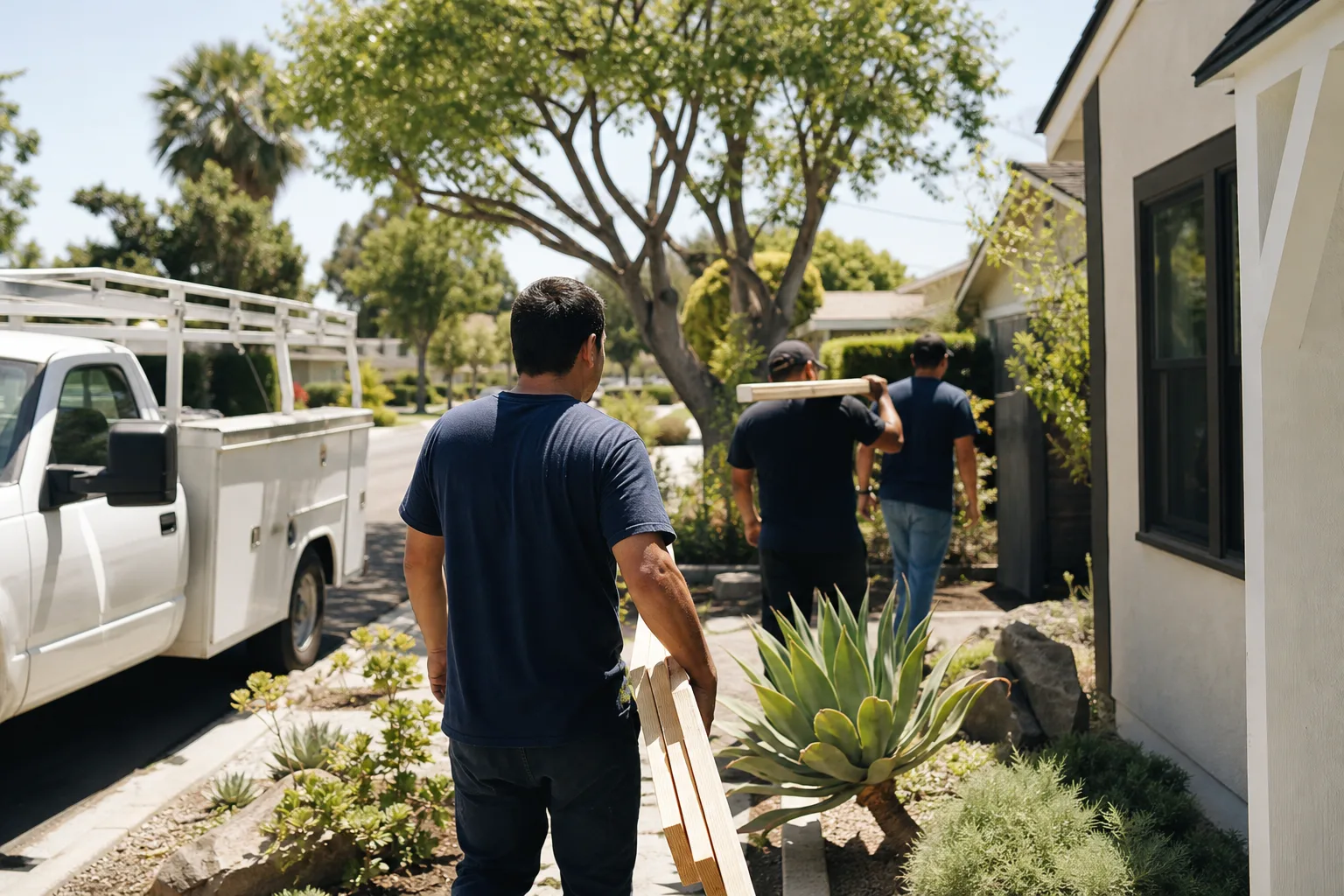 A building crew carrying lumber to a backyard ADU site